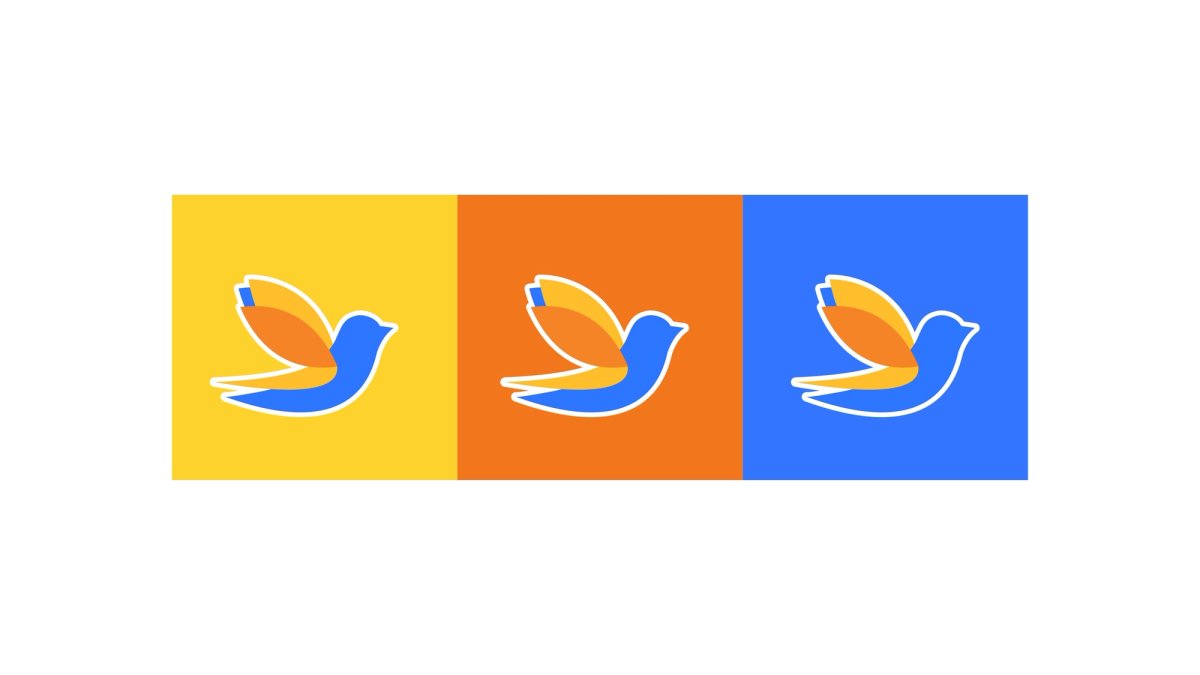 O símbolo sobre fundos amarelo, laranja e azul, as cores principais da marca.
