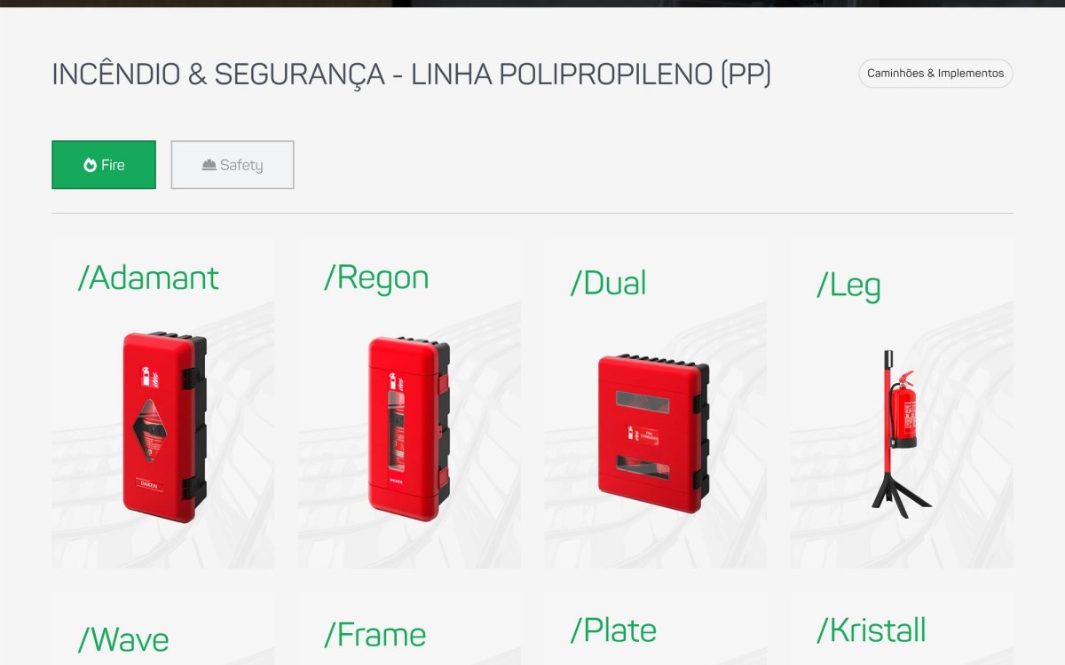 Página Incêndio e Segurança do site, com a linha de abrigos para extintores.