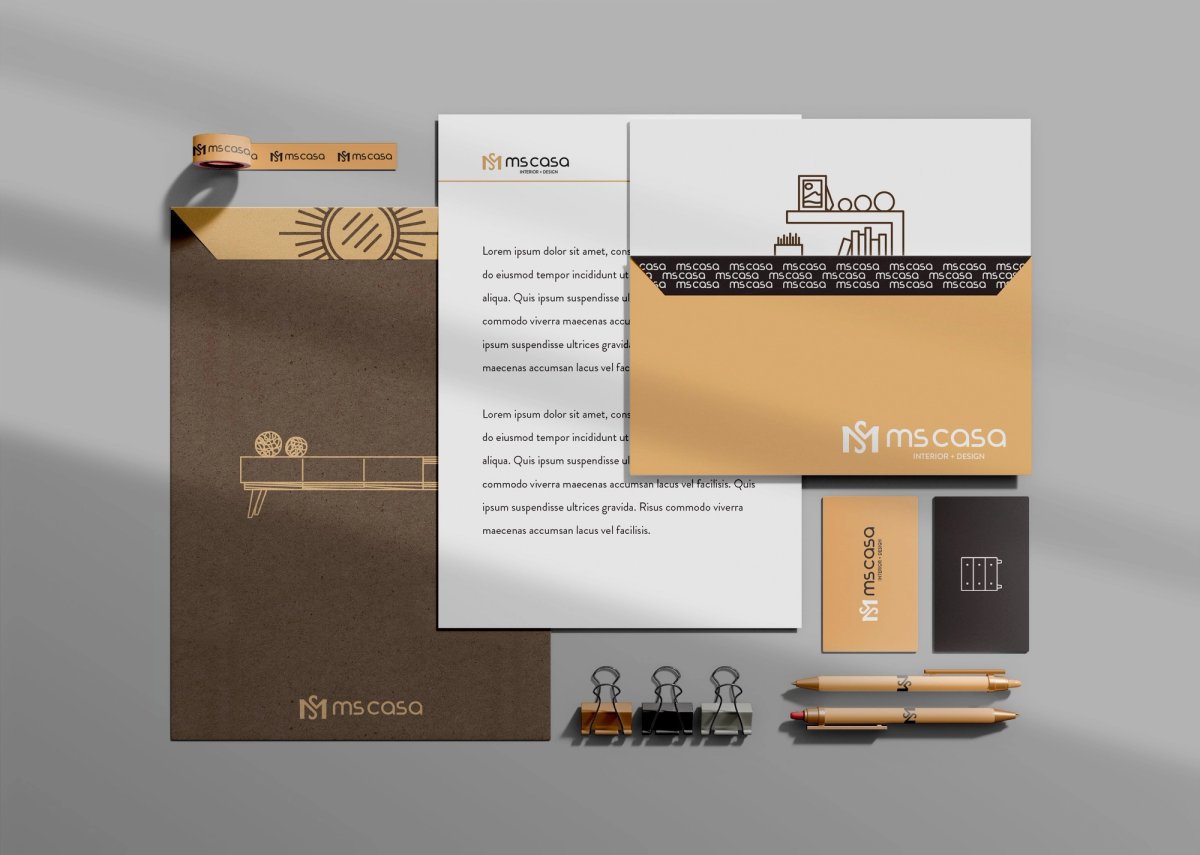 Papelaria da MS Casa: papel timbrado, envelope, pasta, cartões e etiquetas.