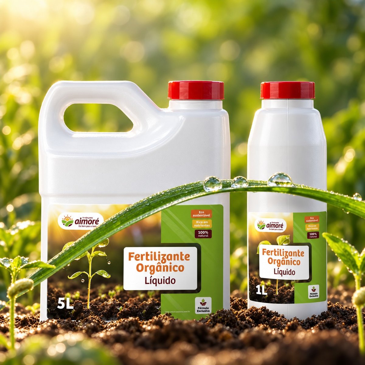 Galões de 5 L e 1 L do fertilizante orgânico líquido Aimoré sobre a terra, com uma folha orvalhada à frente.