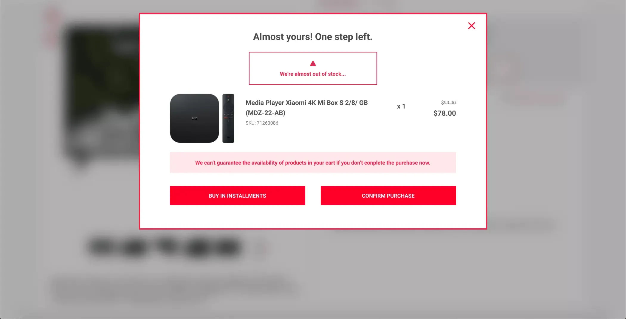 Eldorado checkout abandonment recovery popup showing cart products, limited-stock messaging, and purchase confirmation buttons