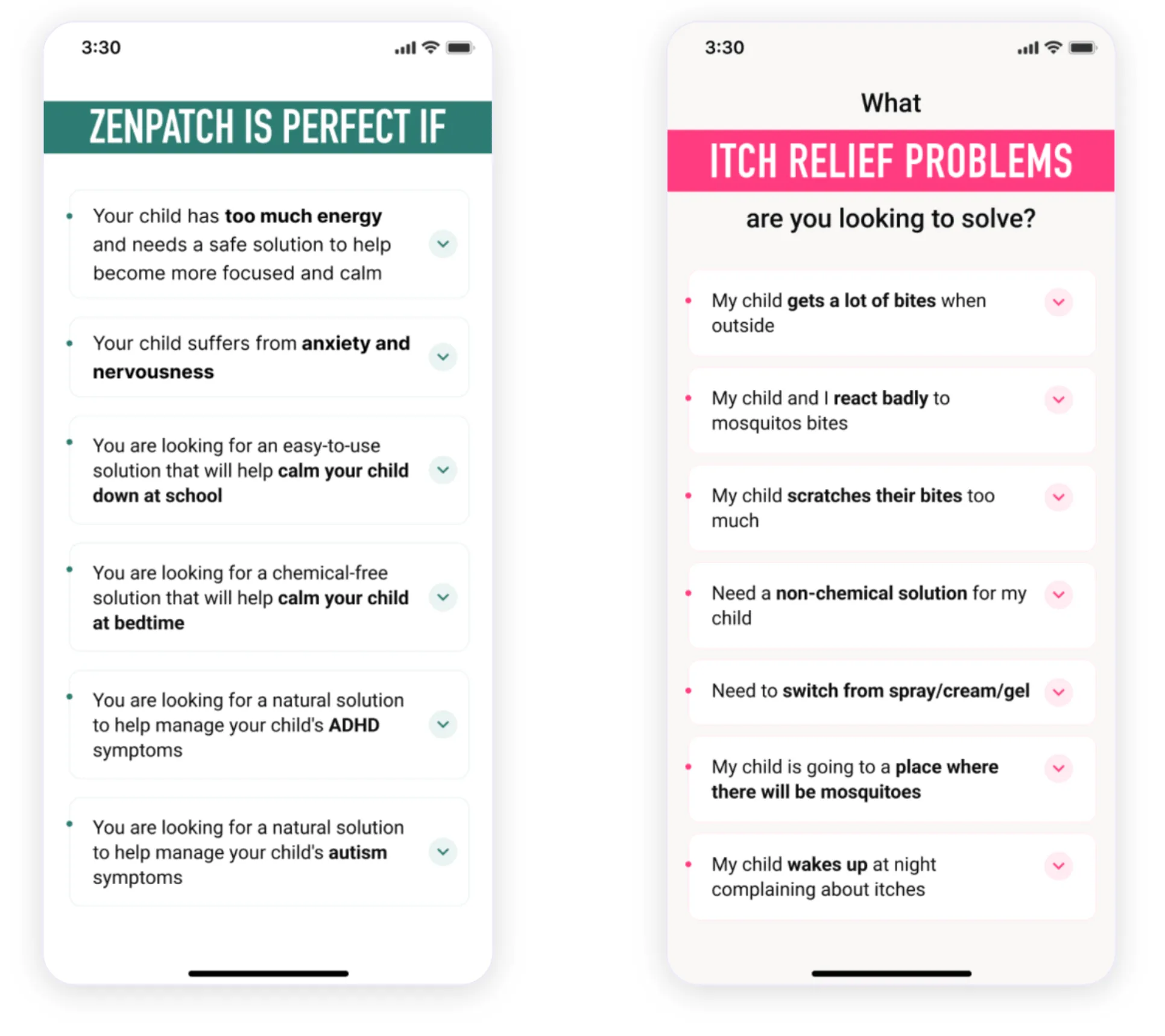 NATPAT product pages showing customer-focused content sections addressing children's calming needs and insect bite concerns