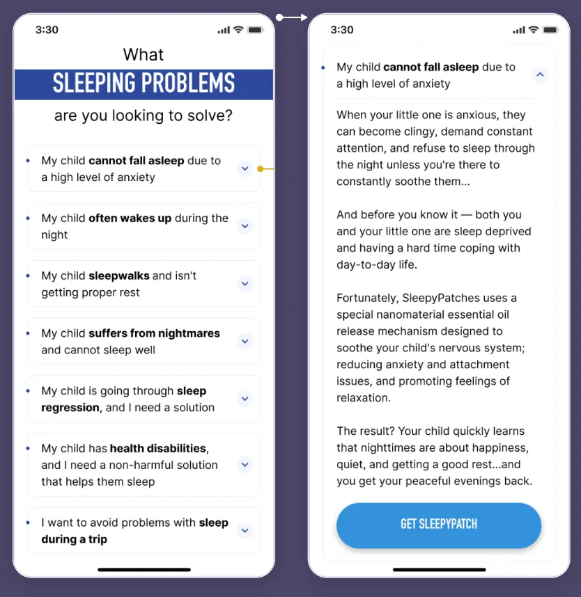 NATPAT SleepyPatch mobile PDP showing personalized content about children's sleep problems with expandable information panels