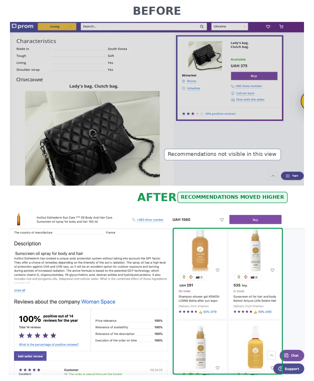 Prom.ua product page before and after moving the recommended products module higher on the PDP to improve product visibility