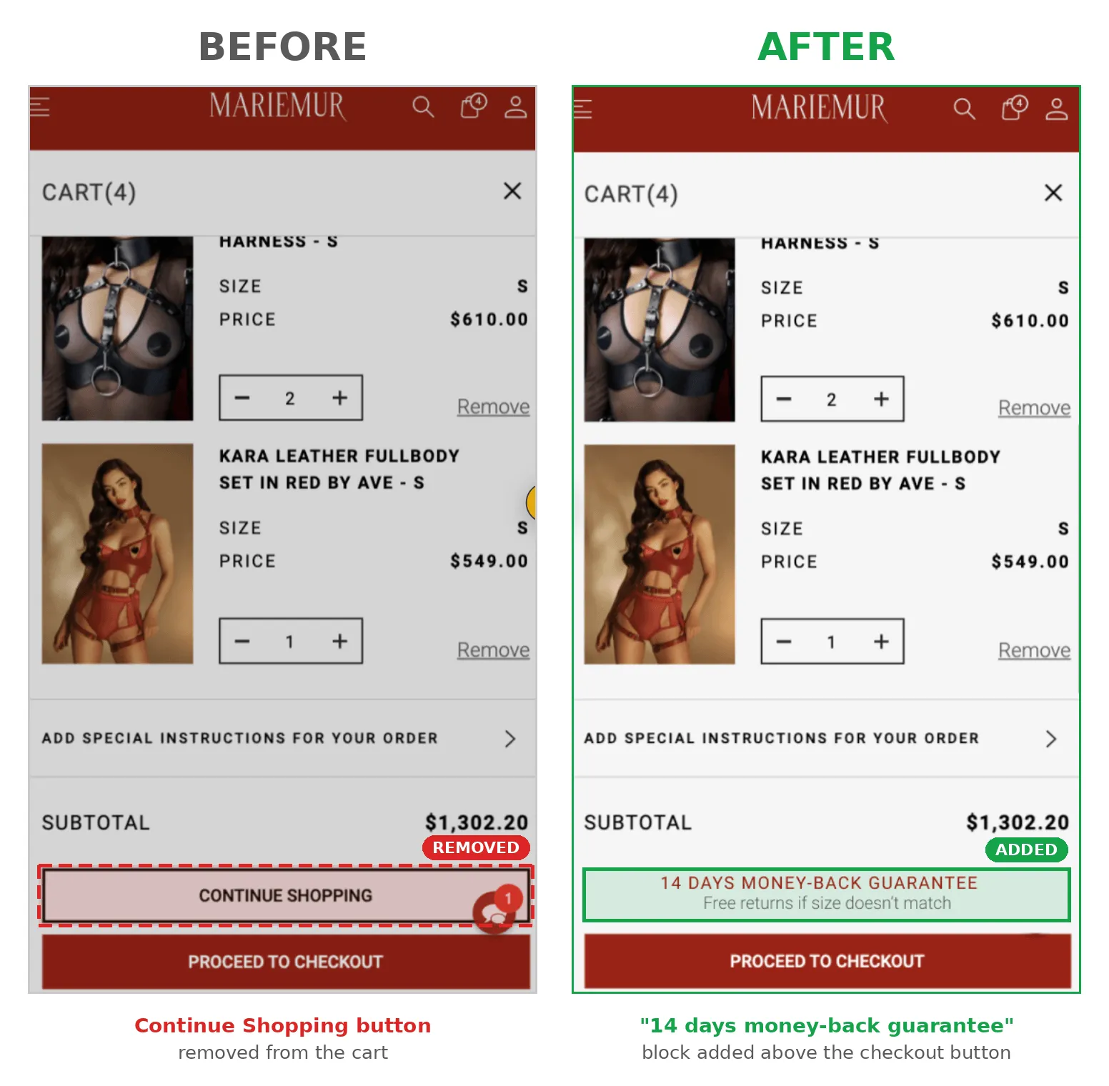 Mariemur mobile checkout before and after adding a 14-day money-back guarantee and free returns messaging above the checkout button