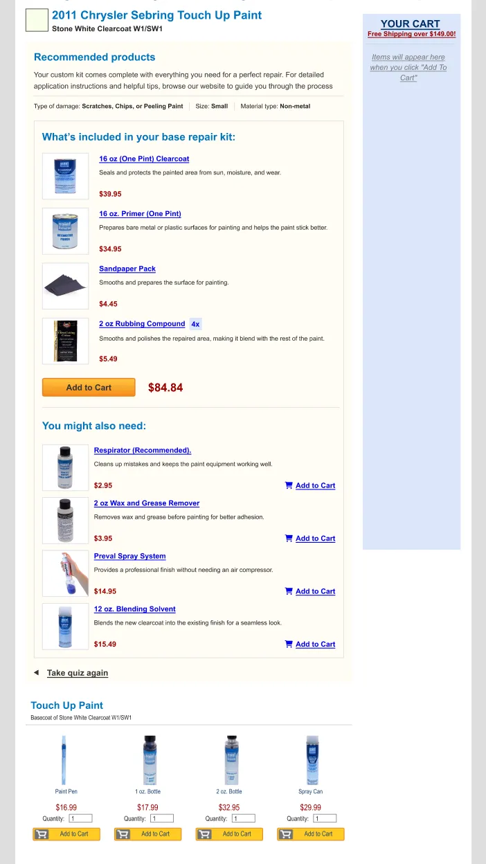 PaintScratch product recommendation page displaying personalized automotive paint repair kits and accessories after completing a selection quiz