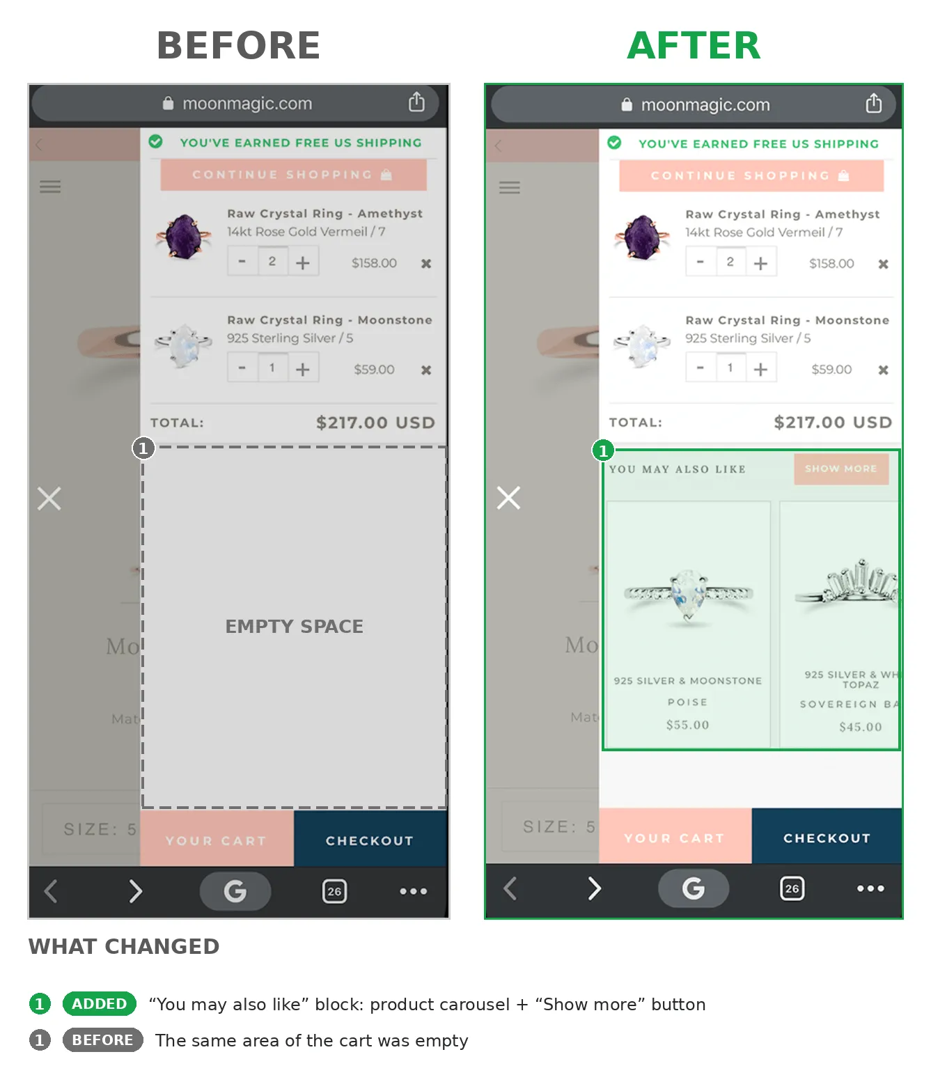 Moonmagic mobile shopping cart before and after adding personalized jewelry recommendations above the checkout button