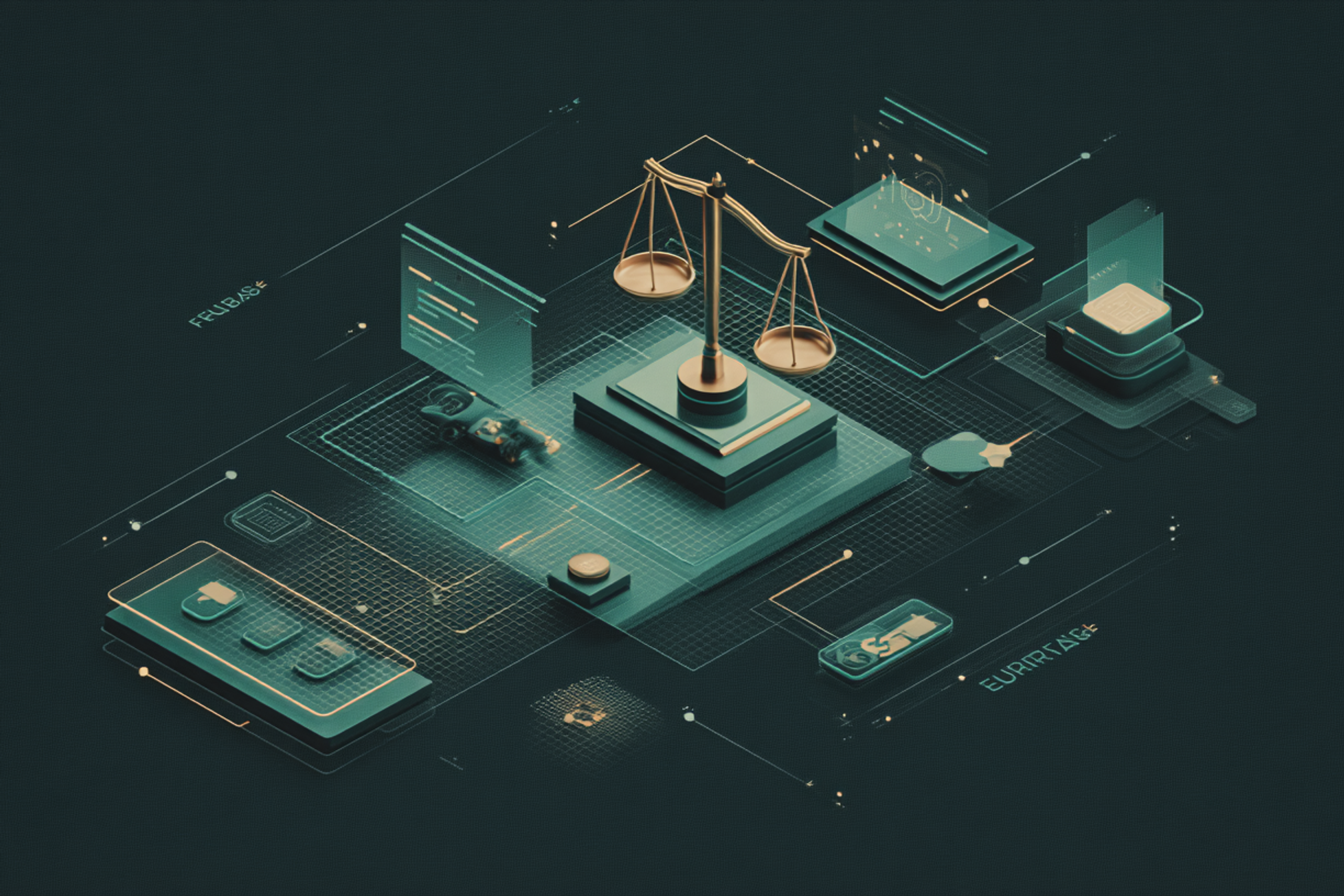 Illustration moderne et colorée représentant l'AI Act de l'UE, avec des éléments d'intelligence artificielle, de législation et de gestion des risques pour les entreprises.