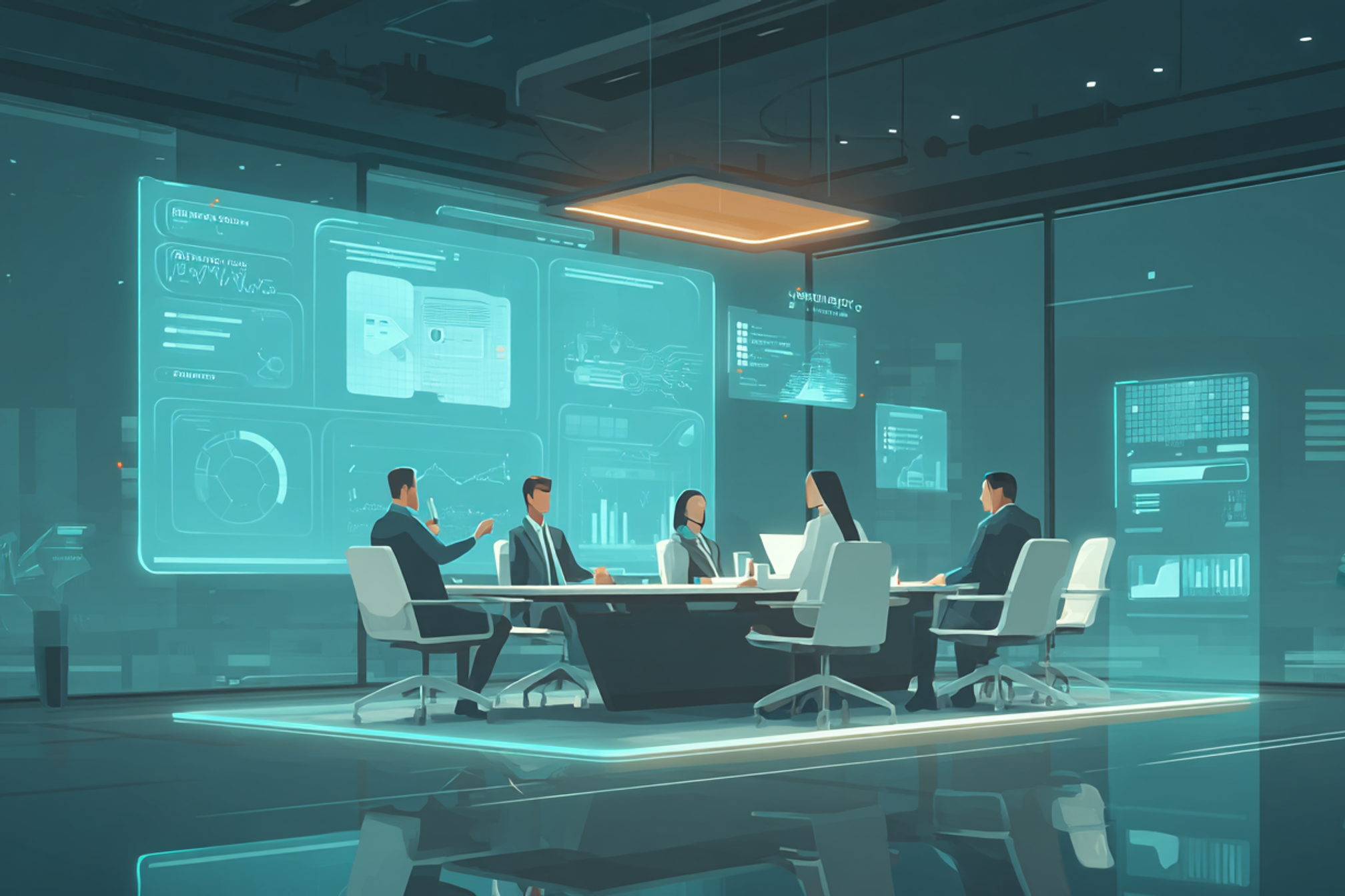 Illustration moderne d'un comité exécutif en réunion, avec des agents IA holographiques automatisant des tâches métier, dans un design premium et coloré soulignant l'efficacité et l'innovation en entreprise.