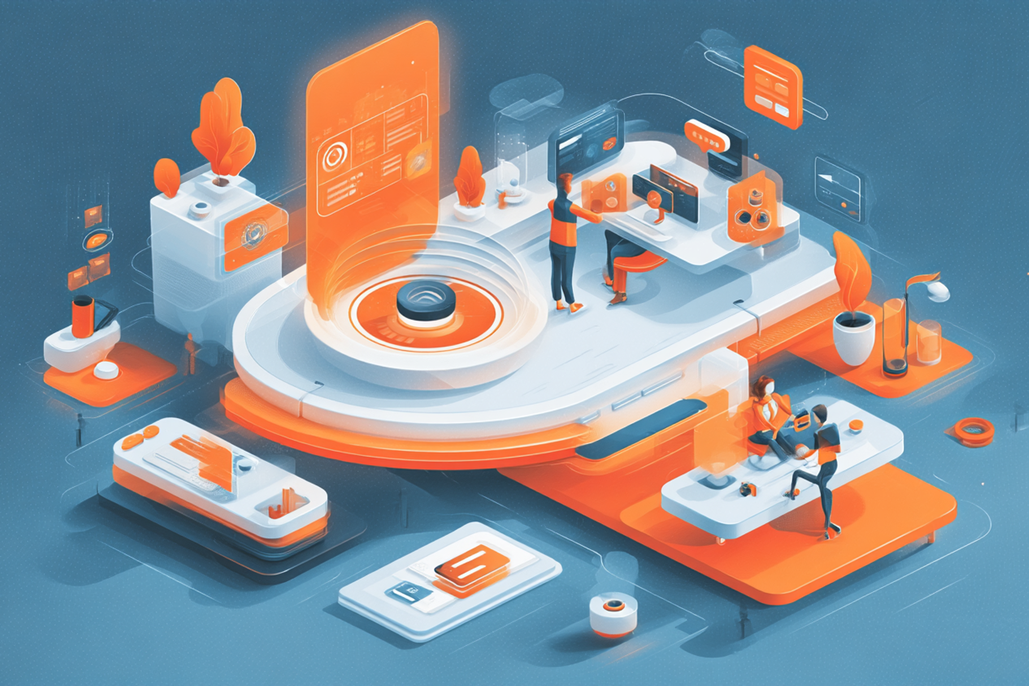 Illustration moderne et colorée montrant des professionnels en IA collaborant sur des agents intelligents pour la transformation digitale, avec des éléments high-tech et un design premium.