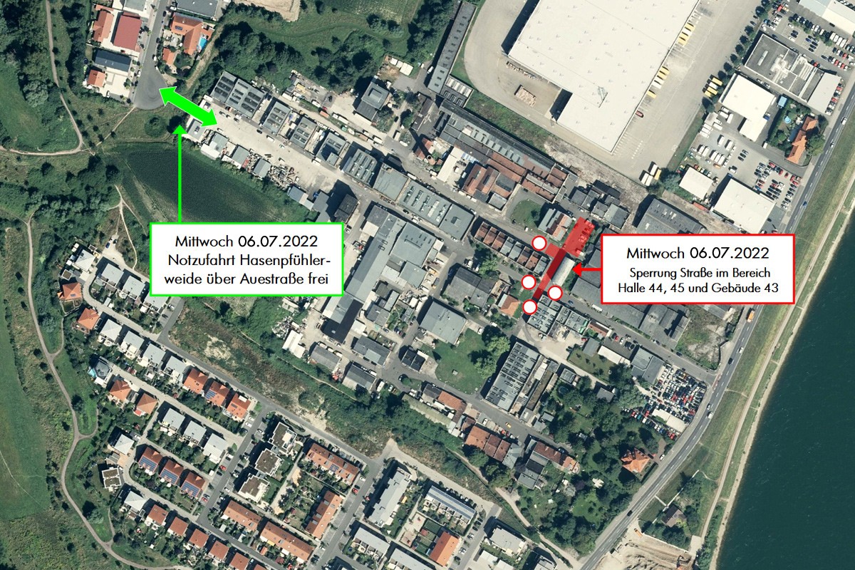 Sperrung Straße bei den Hallen 44 & 45 am 06.07.2022