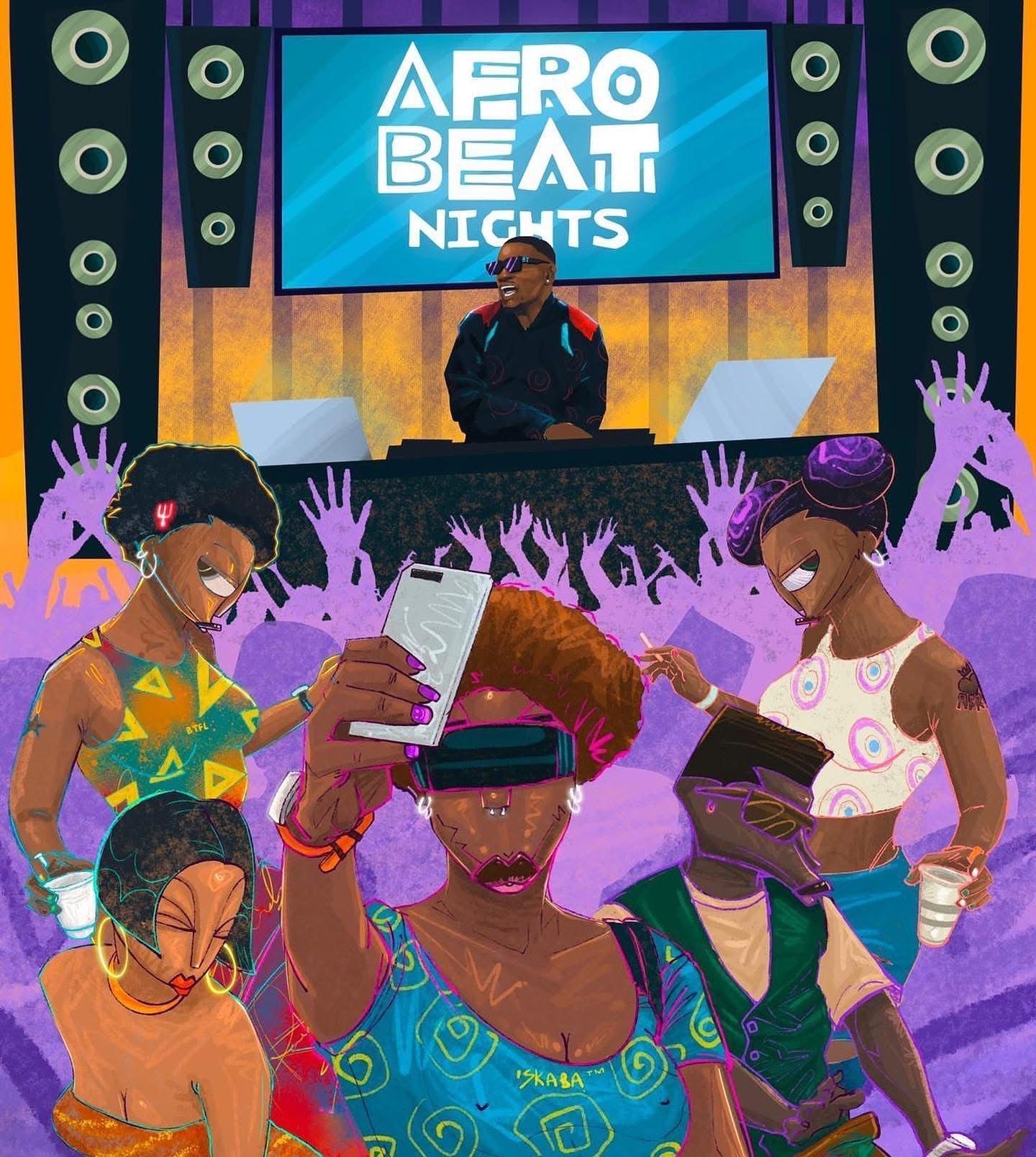 Illustration of the Afrobeat Nights dancefloor, a DJ under the logo behind the crowd