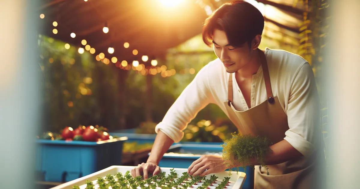 Capture a East Asian man engaging in Aquaponics activities