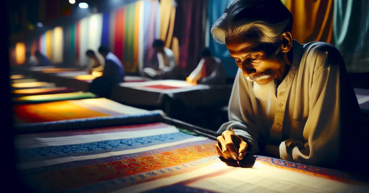 An image capturing a moment of a person, South Asian male, engaged in the serene activity of fabric painting