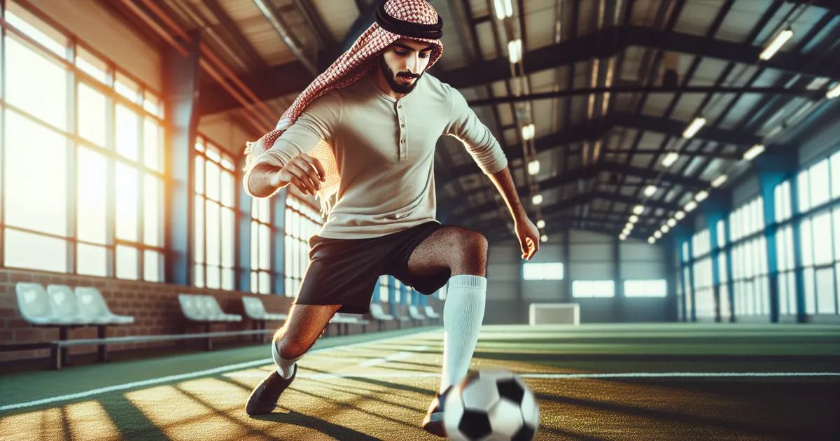 Create an image showing a Middle-Eastern man playing indoor soccer enthusiastically