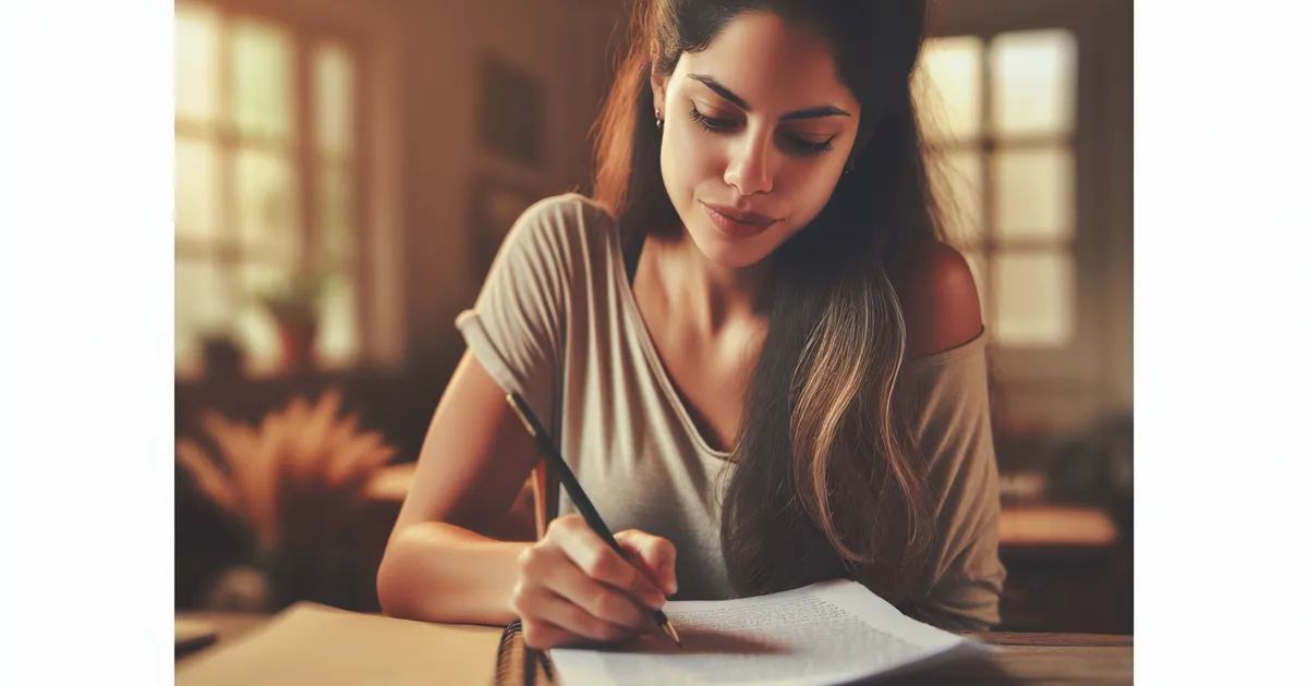 Depict a Hispanic female engaged in the process of game narrative writing