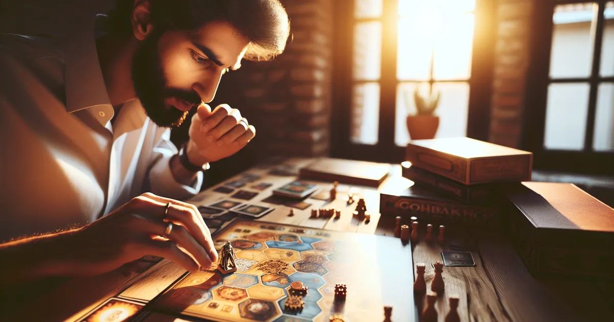 Create a warm, inviting image of a person engrossed in a board game from the legacy genre