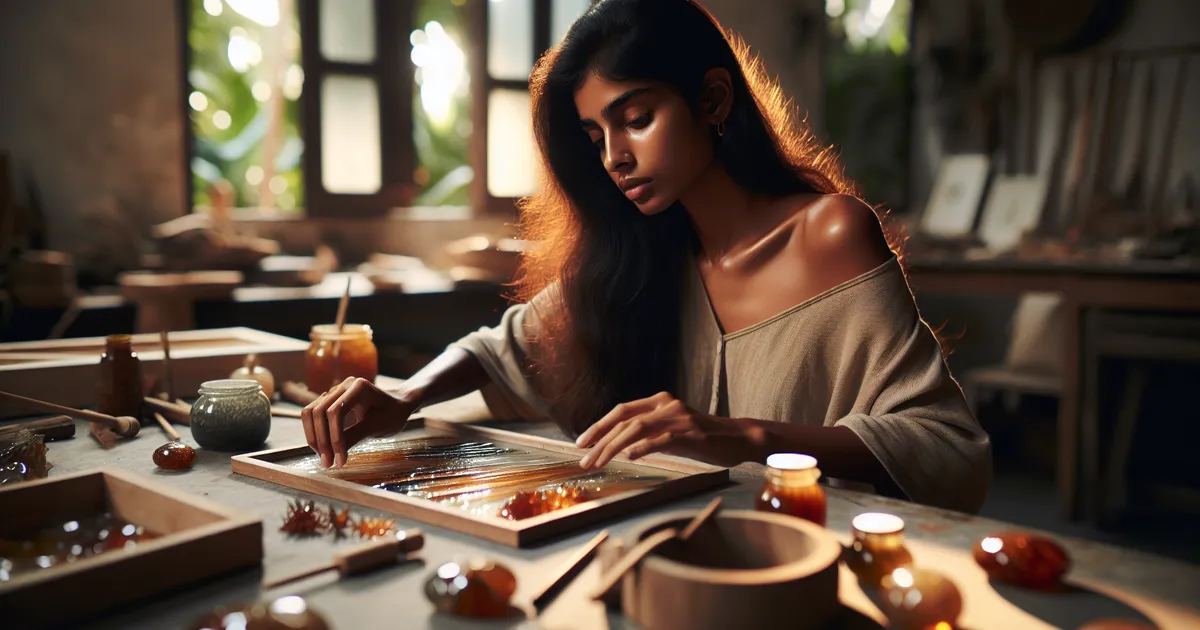 An image showcasing a South Asian female deeply absorbed in the process of creating Resin Art