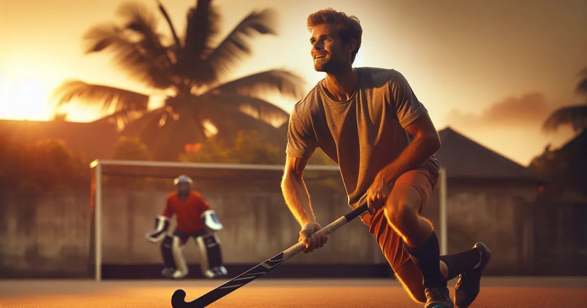 Capture a scene of a Caucasian male enthusiastically playing field hockey in warm inviting tones