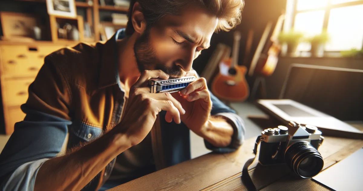Visualize an image of a person playing the harmonica with gusto