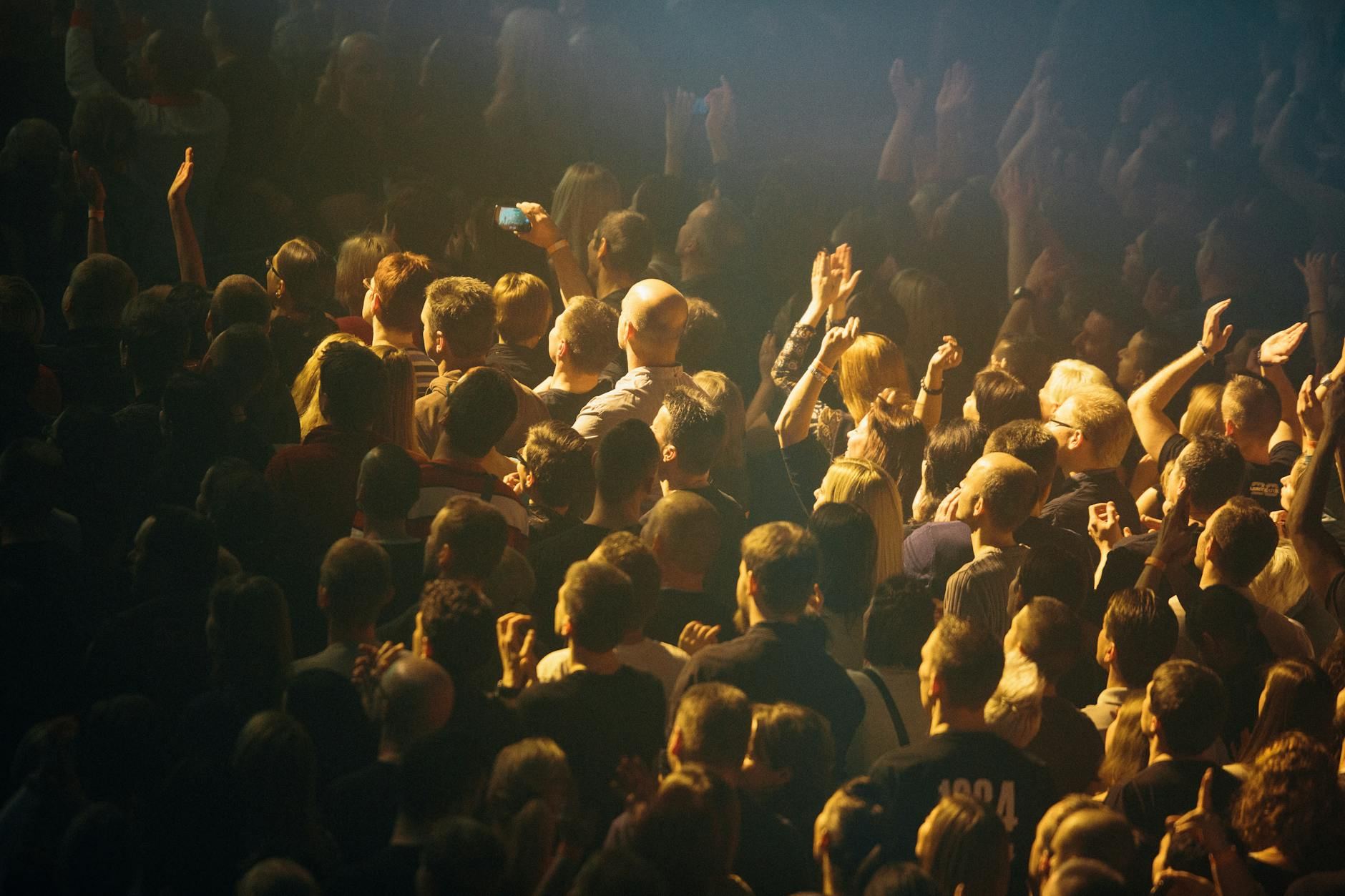 A vibrant crowd enjoying a live music concert with hands raised in excitement.