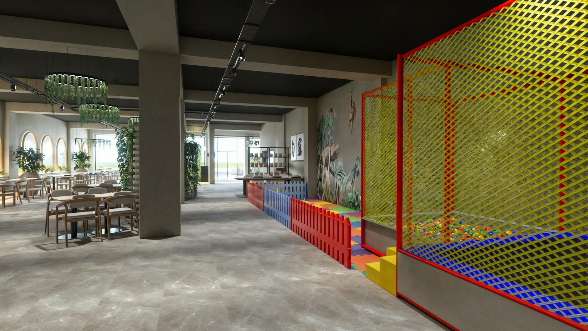 A vibrant play café featuring a chic dining area alongside a colorful children's play zone filled with engaging activities.