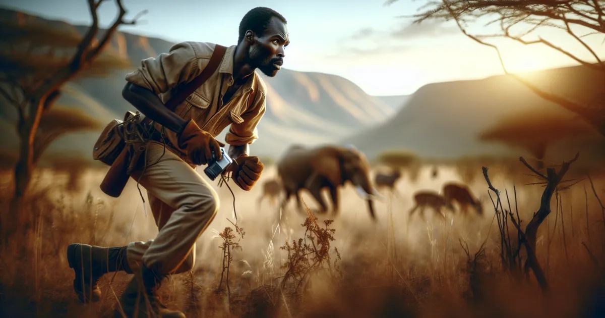 A portrayal of an African man actively participating in animal tracking in a vast landscape setting
