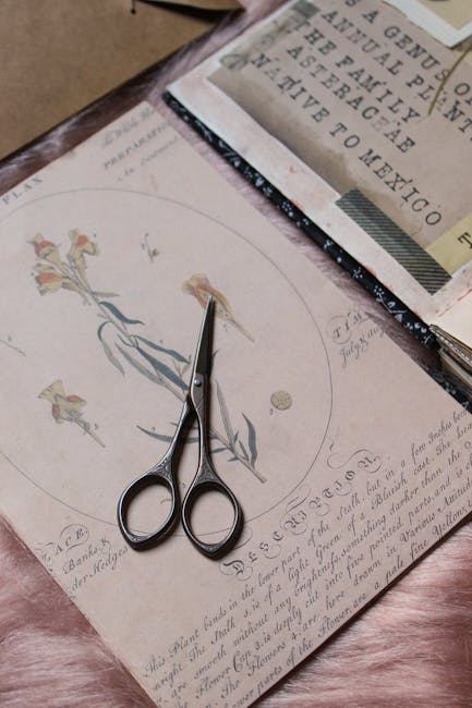 A pair of scissors on a decorative paper background, suggesting crafting and decoupage activities.