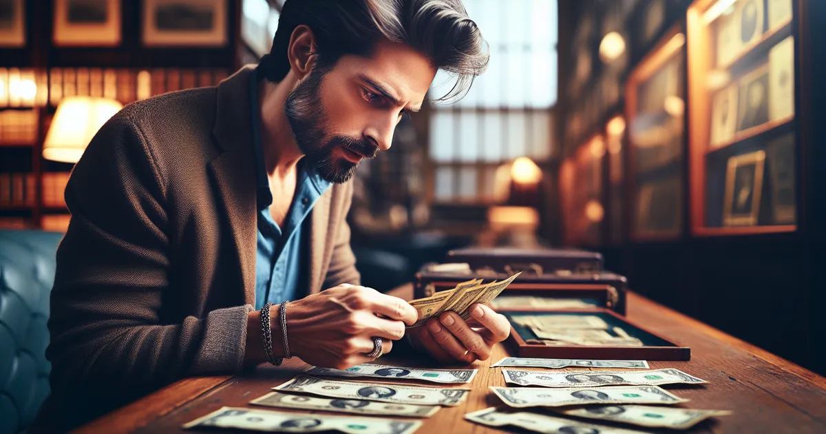 Capture an image of a Caucasian male deeply engrossed in the hobby of paper money collecting