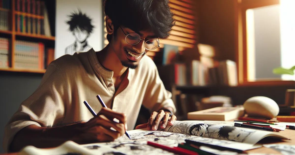 A South Asian man is depicted in the act of drawing manga, immersed in the joy of creation