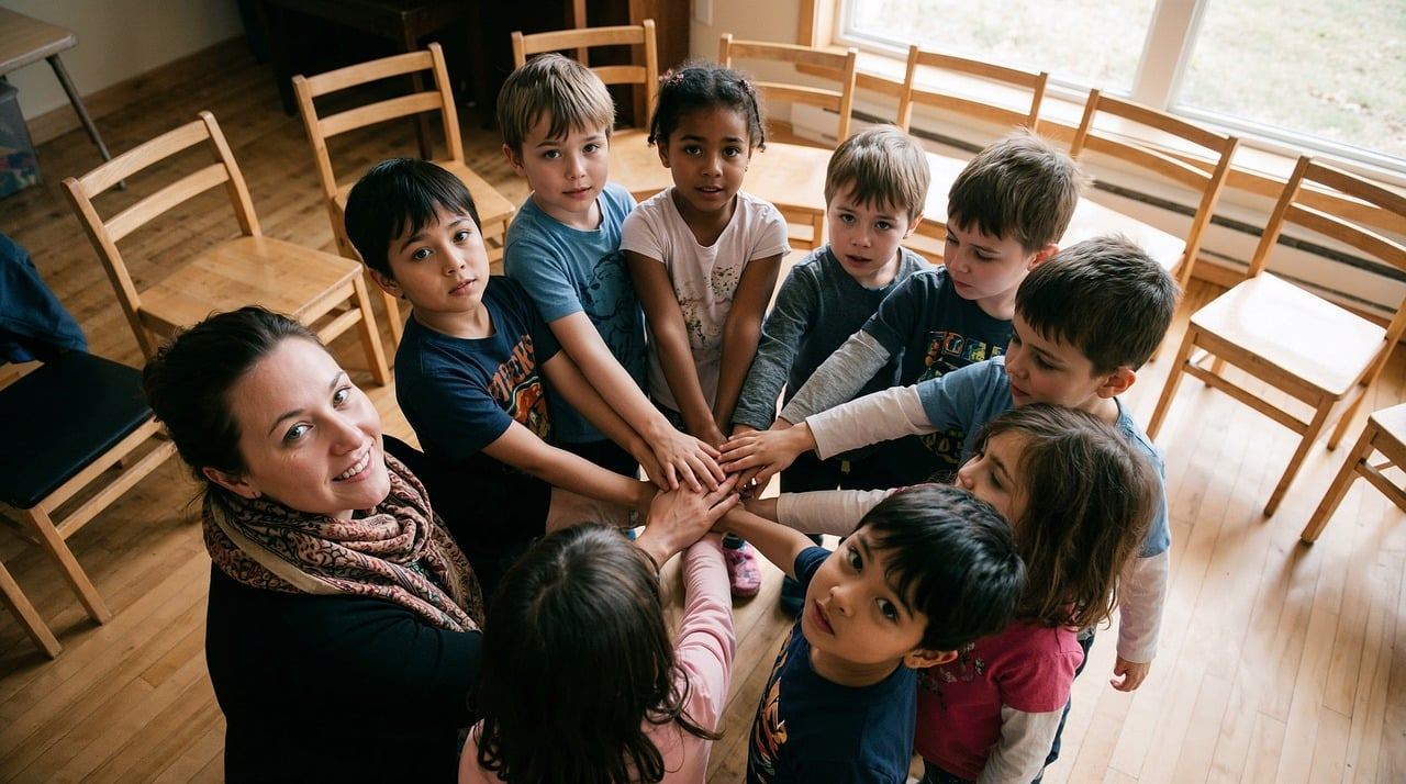 A diverse group of enthusiastic children engaged in a lively outdoor coaching session, laughing and learning together.