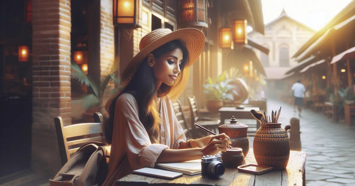 Craft a highly professional and realistic picture depicting a South Asian woman engaging in travel writing