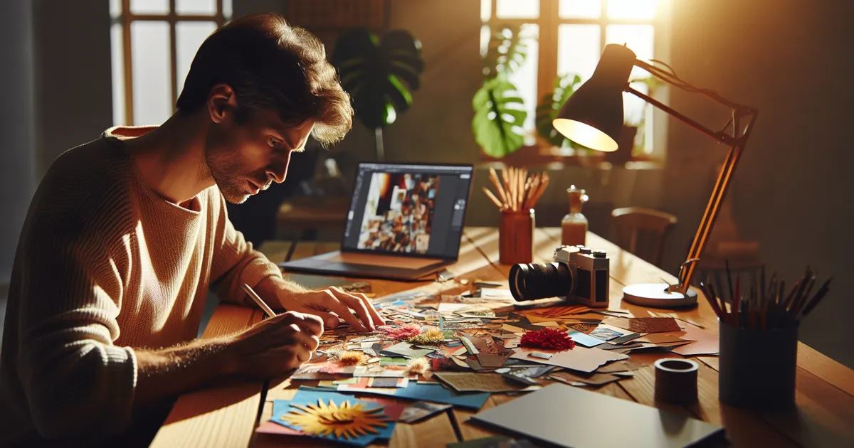 Create an image portraying a person engrossed in the process of making a collage
