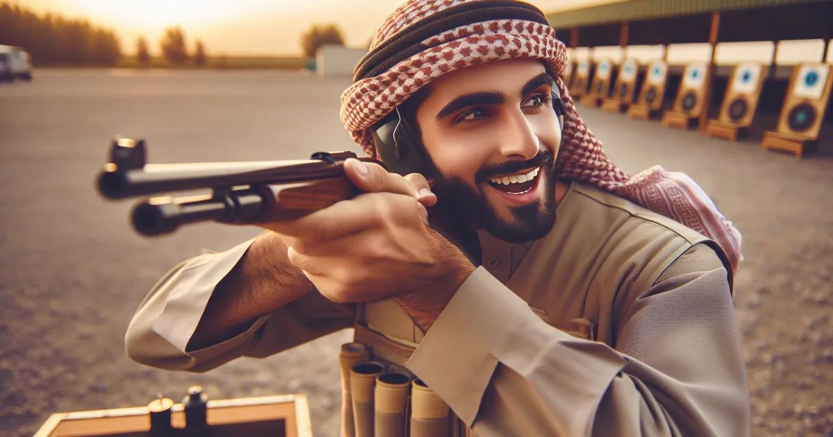An image of a Middle-Eastern individual actively participating in skeet shooting