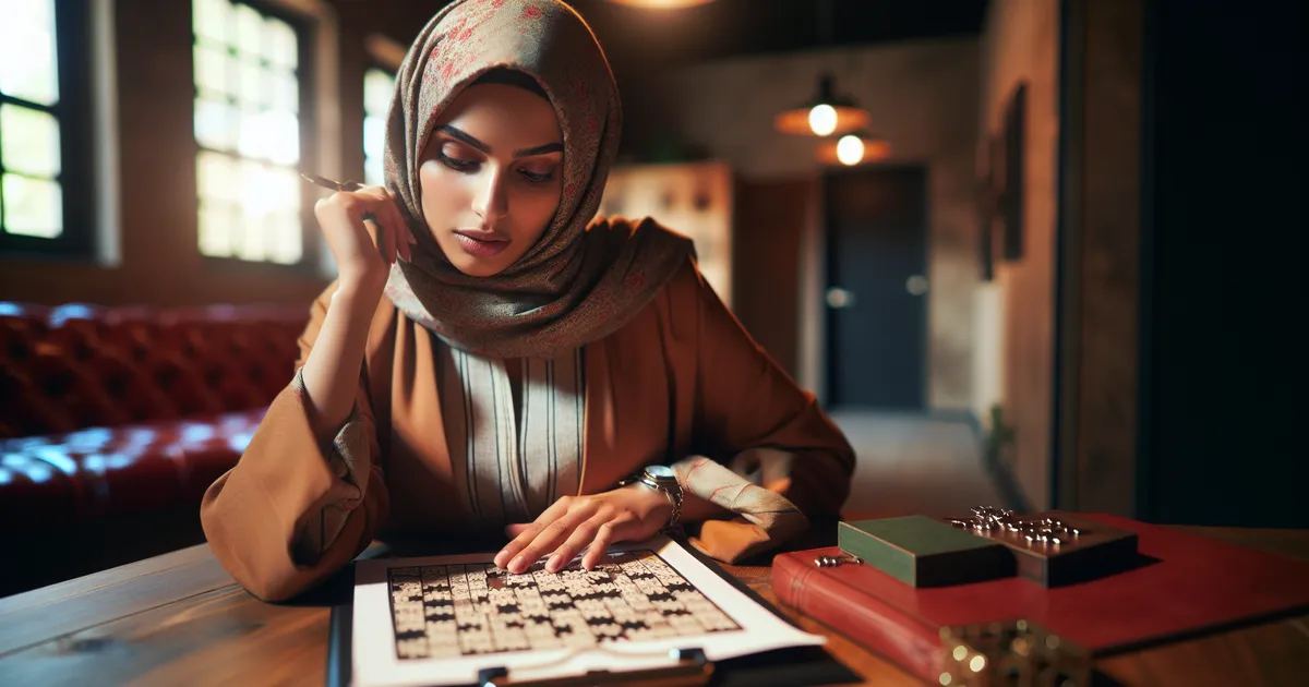 Capture a mid-action scene of a Middle-Eastern woman engrossed in solving puzzles at an Escape Room