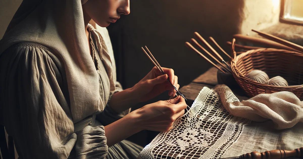 An image portraying a person who is deeply involved in the process of lacemaking
