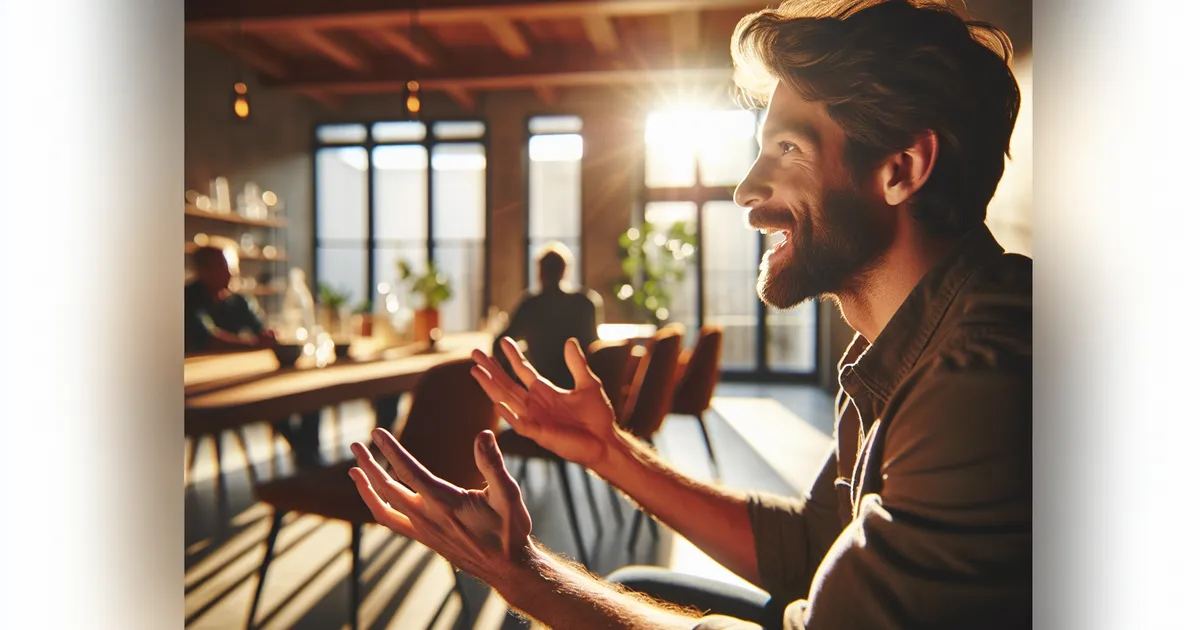 A Caucasian male engaging in an animated debate in the middle of a well-lit room using natural sunlight