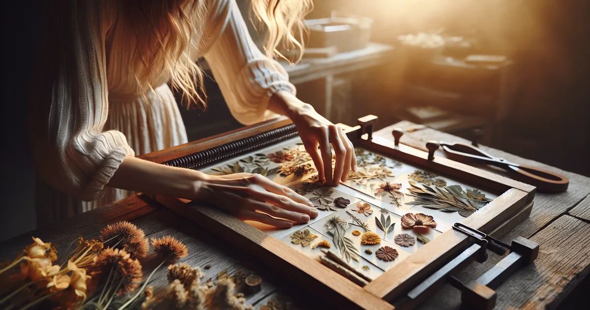 An individual immersed in the creative endeavor of flower pressing