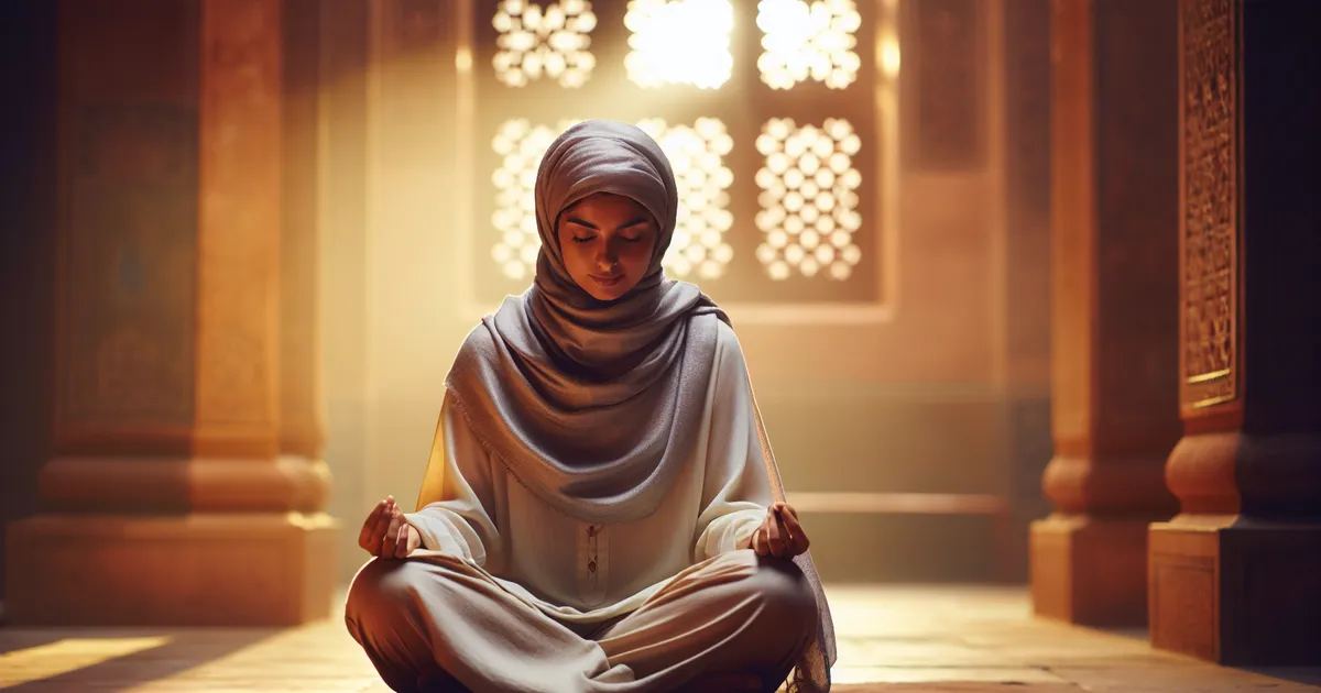 Create an image of a Middle Eastern woman deeply immersed in the practice of Transcendental Meditation