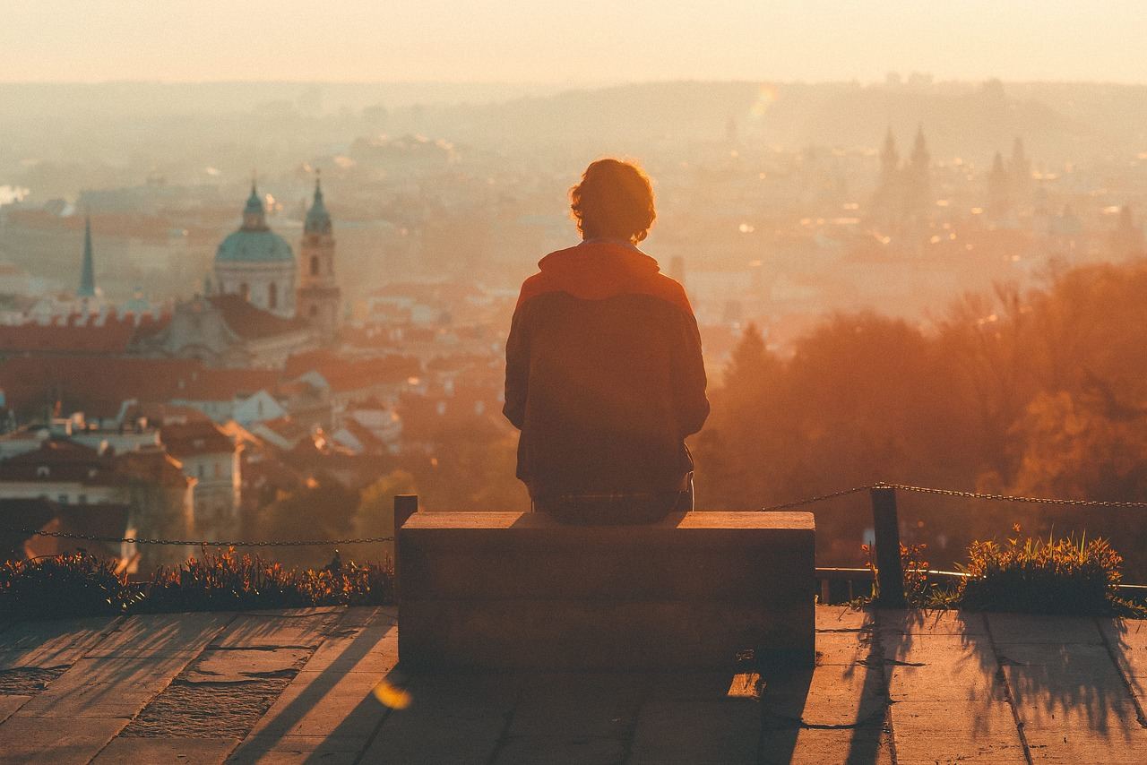 A person stands at a scenic overlook, gazing at a breathtaking panoramic view of rolling hills and valleys.