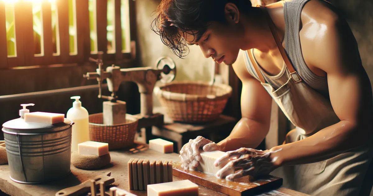 Create a high resolution image illustrating an East Asian man actively engaged in the process of making soap