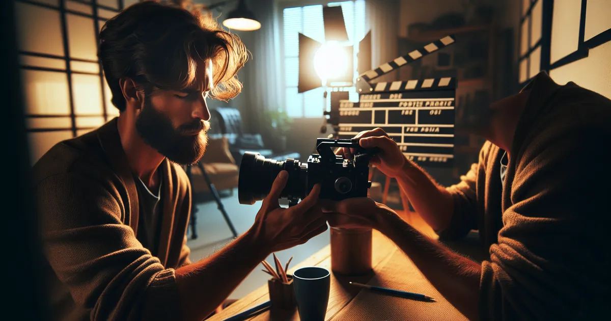 Create an image depicting an individual who is intensely engaged in the process of creating a short film