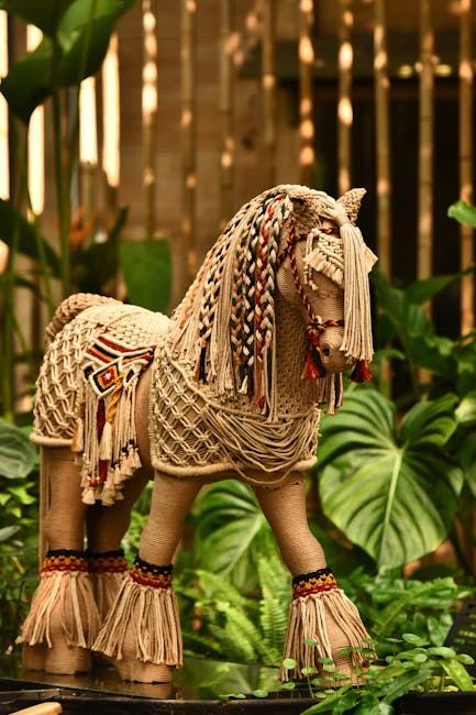 A beautifully crafted macrame horse sculpture showcasing intricate knotting techniques and decorative elements.