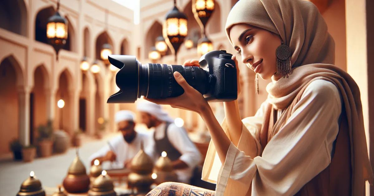A woman in a hijab photographs a scene, exploring visual storytelling in 'Is Editorial Illustration for you? Let's find