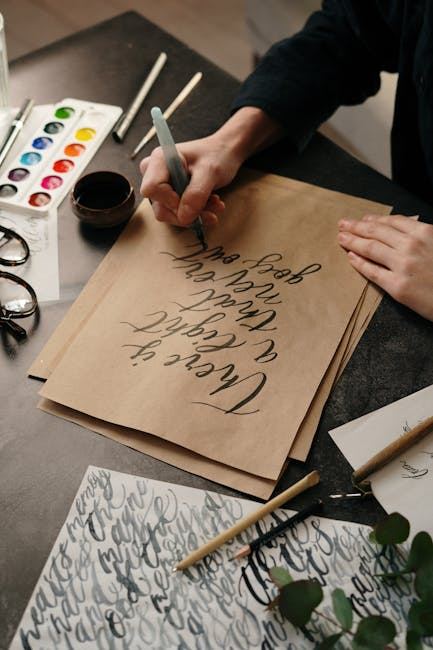 A person practicing calligraphy with ink and brush on brown paper, showcasing beautiful lettering techniques.