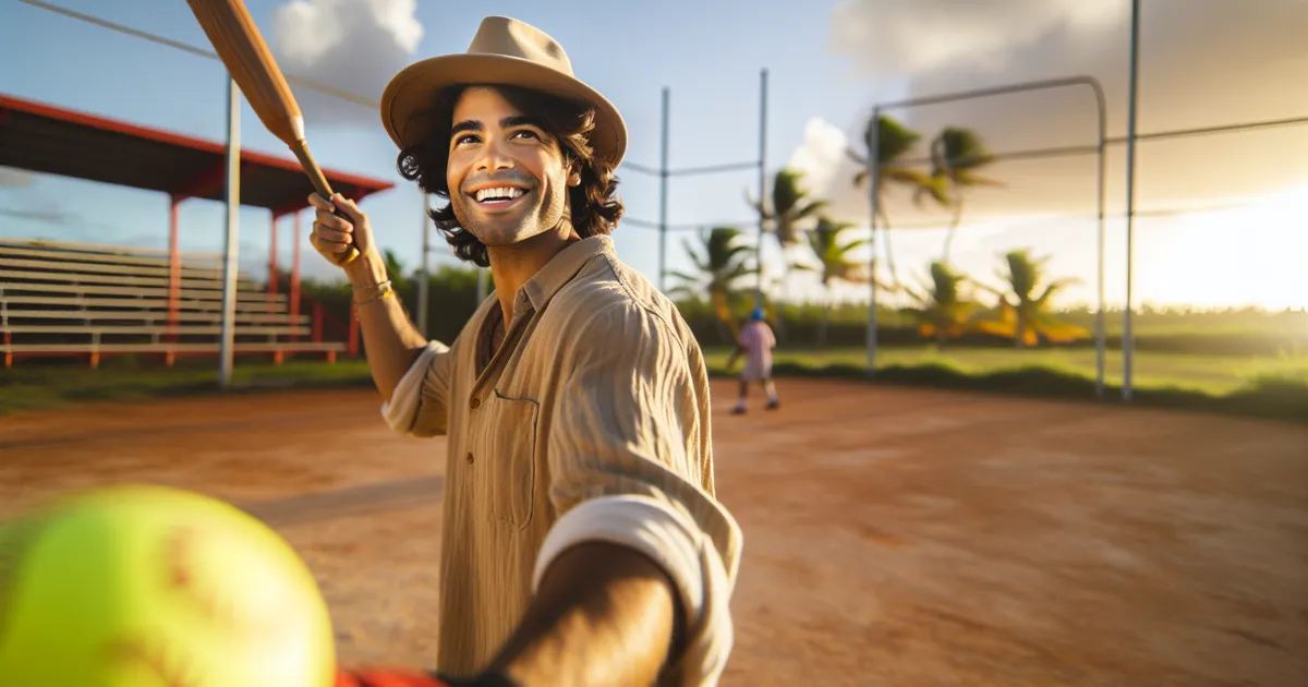 A young man with a bat smiles while playing Wiffleball, embodying fun and competition. Is Wiffleball for you? Let's find