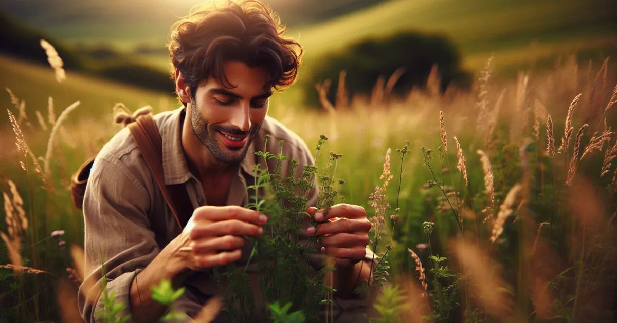 A man joyfully foraging for wild herbs in a sunlit field. Is Wild Herb Foraging for you? Let's find out!
