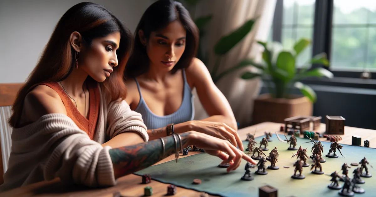 Capture an engaging scene of a South Asian female adult deeply engrossed in tabletop skirmish gaming