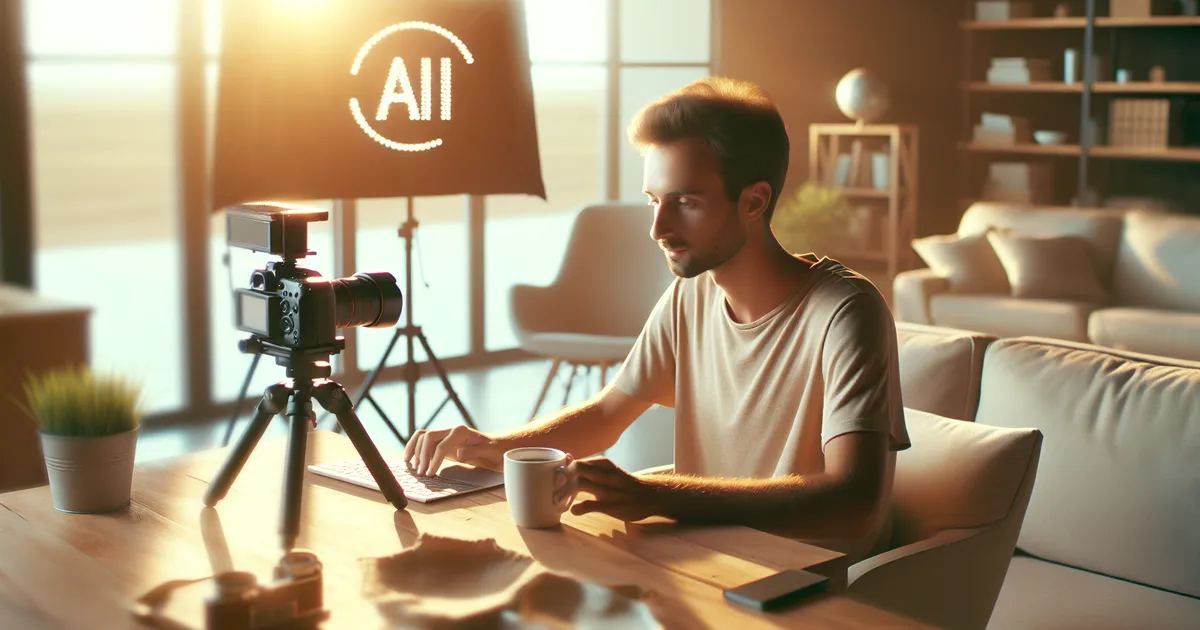 A high-resolution, realistic image of an individual actively engaged in the process of AI video creation
