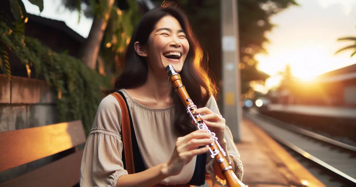 An Asian woman joyfully playing the recorder in an outdoors setting